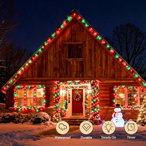 cshare Red and Green Christmas Lights Outdoor Waterproof 9.8ft 30 LED, String Lights Battery Operated with Timer Clear Wire for Indoor & Outdoor Christmas Decorations Garland Party Garden - color: Red and Green