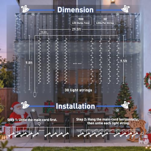 JMEXSUSS 9.5x29.5ft Curtain Lights Indoor Outdoor Decor with Remote, 900LED White Christmas Lights Plug in, Hanging String Lights for Bedroom, Wall, Window, Patio, Garden, Wedding, Reception, Backdrop - color: White, size: 900 LED