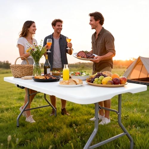 8 Foot Folding Table 350 LBS Heavy Duty, 18% Thicker HDPE Waterproof Top, Portable Fold in Half with Carry Handle and Safety Locks, Reinforced Steel Frame for Indoor Outdoor Party Events - color: White-a, size: 8FT