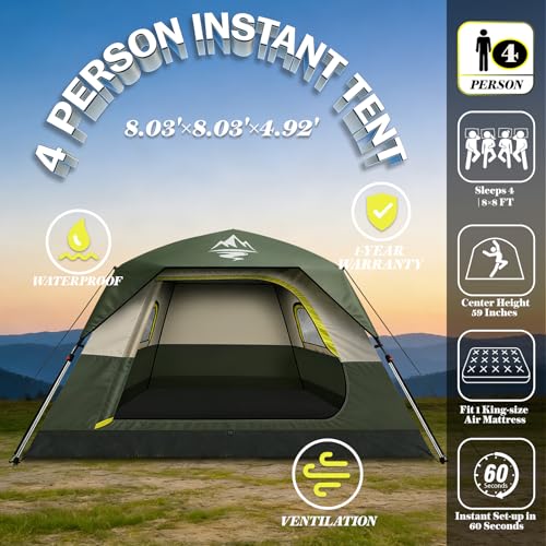 Camping Tent 2/3/4 Person Instant Pop Up Tents for Camping - 40s Automatic Easy Setup Tent with Rainfly, Double-Layer Waterproof & Windproof Instant Tents with Welcome Mat for Camping & Hiking - size: Green 4 Person