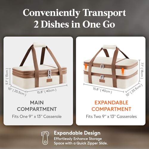 Lifewit Insulated Double Decker Casserole Carrier, Expandable Lasagna Lugger Tote Bag for Hot or Cold Food, Fits 9" x 13" Baking Dish for Potluck Parties, Picnic and Cookouts, Cream - color: Cream