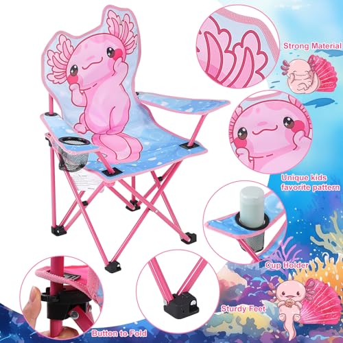 KABOER Kids Outdoor Folding Lawn and Camping Chair with Cup Holder and Carrying Bag, Children's Camping Chairs - color: Pink Axolotl
