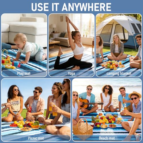 Beach Blanket Waterproof Sandproof, 80''x80''Extra Large Thick 5-Layer Big Outdoor Picnic Camping Blanket Easily Foldable Picnic Mat for Grass, Hiking, Travel, Concerts, Indoor - color: Dark Blue