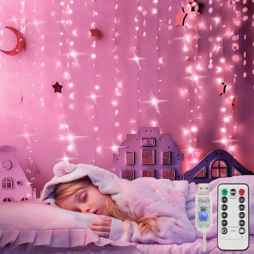 suddus Curtain Lights for Bedroom, 200 Led 6.5ft x 6.5ft Hanging String Lights Outdoor, Fairy Curtain Lights for Backdrop, Window, Wall, Wedding, Party, Garden, Porch, Birthday Decorations Pink - color: Pink, size: USB-200 LED