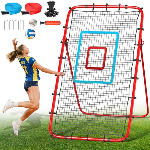 Volleyball Rebounder Net 7x4 Ft, 5-Angle Adjustable Rebounder Net for Practicing Digging, Setting, Spiking, Bounce Back Training Equipment with 2 Target Stripes & Portable Travel Bag for Storage - color: FBM-NET101-2-Red