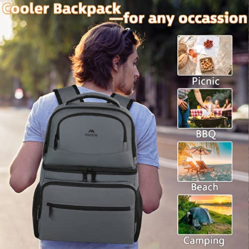 MATEIN Cooler Backpack, 26 Cans Insulated Lunch Backpack for Men Women, Leakproof Double Layer Lunch Cooler Bag Lightweight Soft Lunch Backpack with Cooler Compartment, Beach Camping Hiking Beer Gifts - color: Austere Grey, size: 26 Cans