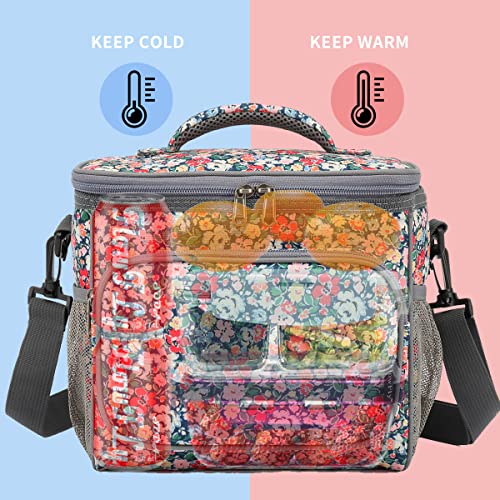 FlowFly Insulated Reusable Lunch Bag Adult Large Lunch Box for Women and Men with Adjustable Shoulder Strap,Front Zipper Pocket and Dual Large Mesh Side Pockets,Floral - color: Floral
