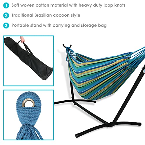 Sunnydaze Double Brazilian Hammock with Stand and Carrying Case - 400-Pound Capacity - Black Stand - Sea Grass - color: Sea Grass