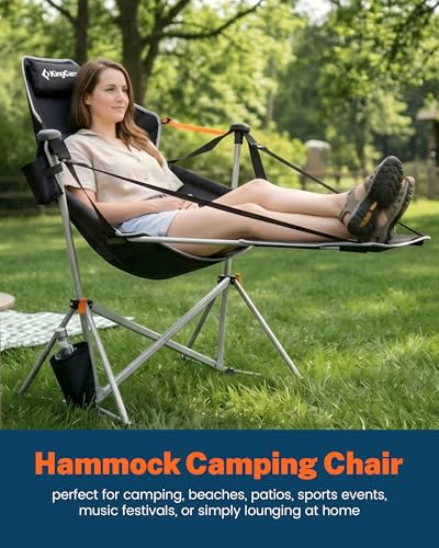 KingCamp Hammock Chair with Footrest – Heavy Duty Swinging Rocking Camping Chairs for Adults up to 400lbs, Folding Portable Oversized Rocker with Cup Holder & Pillow for Outdoor Beach Lawn RV Sports - color: Footrest Deluxe Black/Grey