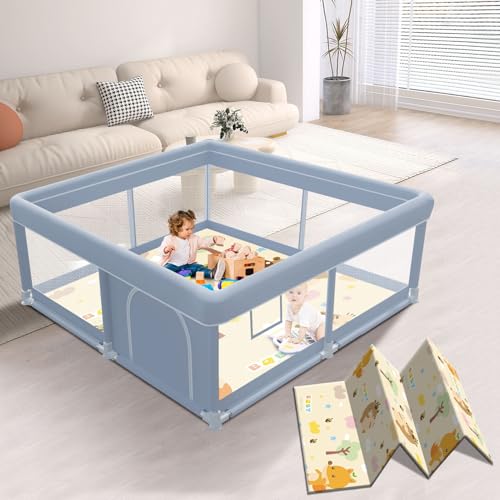 XVISHX 50 x 50 Inch Baby Playpen with Mat, Playpen for Babies and Toddlers, Baby Playard for Indoor & Outdoor Active Center Game Fence, with Skin-Friendly Fabric and Soft Breathable Mesh, Grey - size: 50 × 50 Inch+MAT