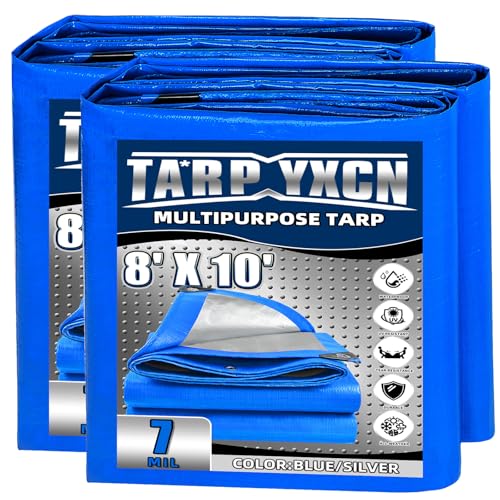 Tarp 8x10 Feet 2Pack, 7 Mil Thick Waterproof Poly Tarps Cover UV Resistant, Rip & Tear Proof with Metal Grommets Every 20 Inche (Blue/Silver) - color: Blue/Silver, size: 8x10 Ft-2pack