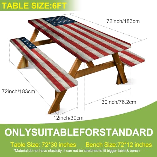 ANNA QUEEN Patriotic American Flag 6FT Picnic Table Cover with Bench Covers Set of 3 with Drawstring Bag, USA Flag 72"x30" Waterproof Picnic Tablecloth & Bench Covers for Outdoor BBQ - color: #57