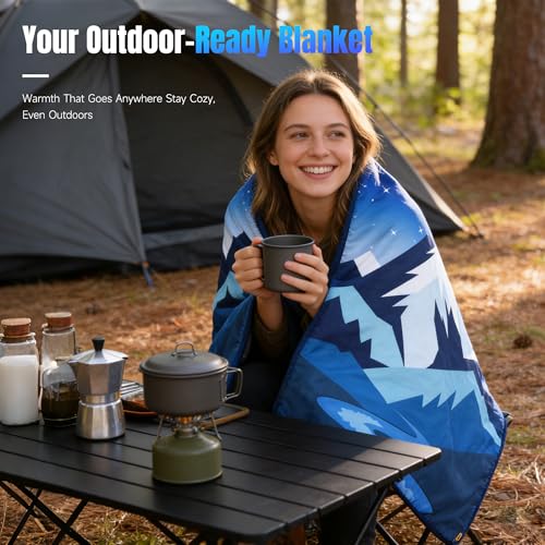 Tirrinia Waterproof Outdoor Blanket with Sherpa Lining, Windproof Triple Layers Warm Comfy Foldable for Camping Stadium, Beach, Picnic, Grass, Concerts, Car, Dog, 51''X 59'' & 59''X 80'' - color: Navy Mountain, size: 51” x 59”