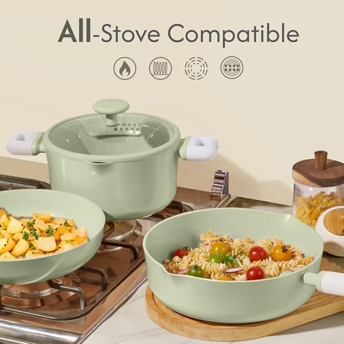 CAROTE Pots and Pans Set Nonstick, Ceramic Cookware Set, Green Cooking Set Kitchen Induction Set with Steamer, PFAS PTFE Free,9 Piece - color: Green, size: Stockpot