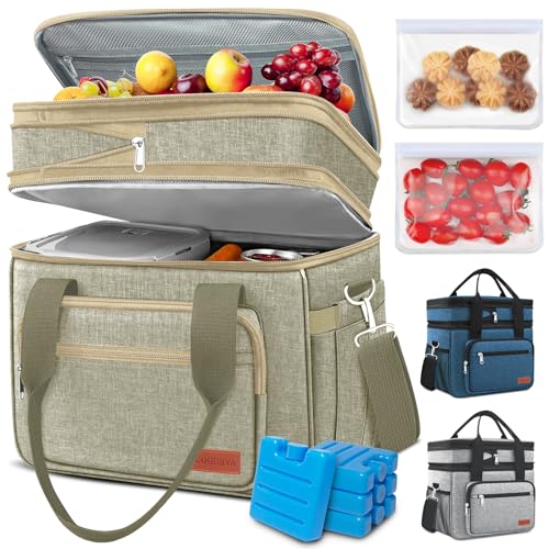 Coobiiya Insulated Lunch Box for Men & Women, Leakproof Lunch Bag Cooler Bag with 4 Pockets,Heavy Duty Lunch Bags Men Cooler Bags for Camping, Travel, Work Kayaking & Beach - color: Khaki, size: X Large – 23L (Double-Layer)