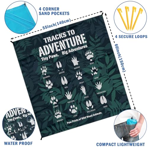 Camping Paws Tracks Pocket Picnic Blankets, Camp Mini Beach Camping Blanket Waterproof, Rustic Green Leaf RV Outdoor Picnic Blanket Mat Gifts for Camper Campsite Travel Hiking 55x60in - color: Paws