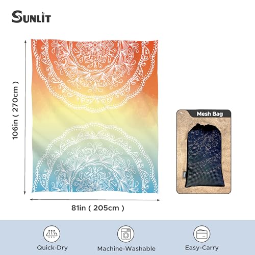 Sunlit Silky Soft Sand Proof Beach Blanket 106"x81" / 85"x72" Sand Proof Mat with Corner Pockets and Mesh Bag for Beach Party, Travel, Camping and Outdoor Music Festival, Mandala - color: Orange Blue, size: 106"x81"