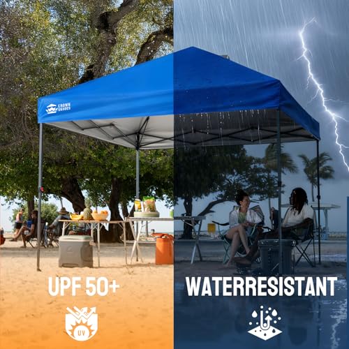 CROWN SHADES 10x10 Pop Up Canopy Tent - Patented Center Lock One Push Instant Outdoor Canopy Beach Tent with STO-N-Go Bag 8 Stakes & 4 Sand Bags，Blue - style: Blue