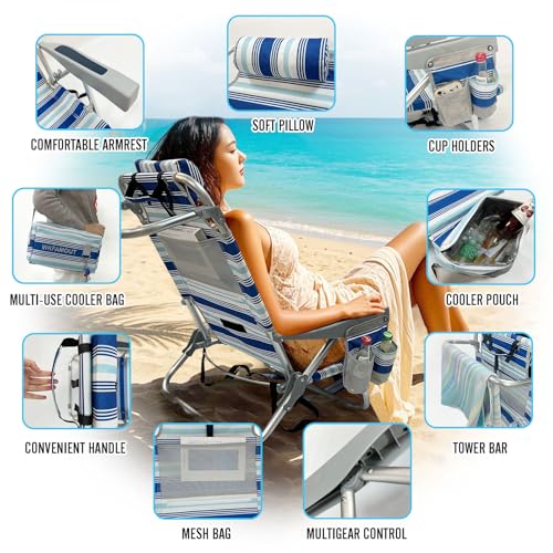 Backpack Beach Chair Aluminum 2 Pack with Folding Camping Table 5-Position Lay Flat Lounge Chair Outdoor for Adults with Insulated Cooler Bag and Cup Holder - color: White, size: 2 PACK