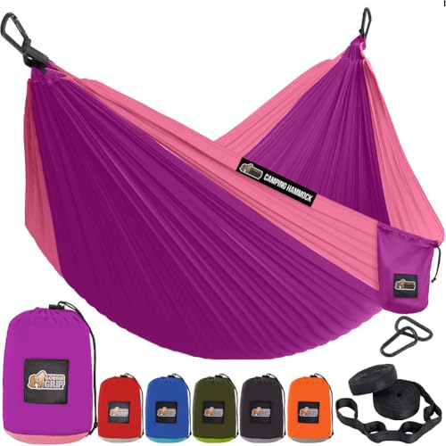 GORILLA GRIP Durable Camping Hammock with Heavy Duty Tree Straps, Portable Hammocks for Outside, Easy to Use Travel Swing Chair, Outdoor Camper Hiker Essentials, Backpacking Gear Gifts, Single, Purple - color: Purple/Pink, size: Single (9' x 4.5')