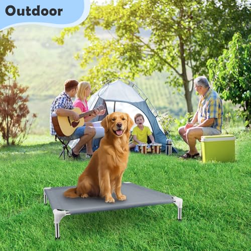 Elevated Cooling Dog Bed, Raised Outdoor Dog Bed for Medium Dogs, Portable Pet Cots with No-Slip Rubber Feet, Double Layer Polyester Cotton - color: Grey-M