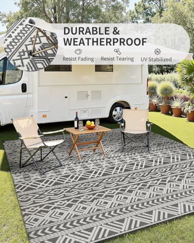 MontVoo Outdoor Rug Carpet Waterproof 9x18 Outdoor Patio Rug Mat Reverisble Plastic Straw Outdoor Rug for RV Camping Picnic Beach Balcony Boho Grey Large - color: Grey, size: 9' x 18' (Rectangular)