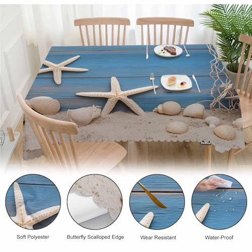 52x70 Inch Tablecloth Starfish Seashell, Beach Seashells Fishnet Rustic Wood Non-Fading Table Covers Kitchen Dinning Tabletop Decoration, Washable Table Cloth for Outdoor and Indoor Use - color: Starfish Seashell