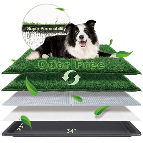 HQ4US 4LEGS Dog Grass Pad with Tray Large 34’’×23’’, Dog Litter Box with Odor Free Artificial Grass Pee Pads for Dogs Potty Tray with Hemmed Edge, Realistic for Indoor Balcony - size: Large for Dog＜ 28" Length