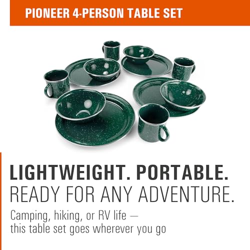 GSI Outdoors Pioneer Enamel 12 Pieces (4-Person) Dish Set I Enamelware Dishes Including Plates, Bowls and Mugs for Camping, Outdoors, RV, Camp, Green - color: Green