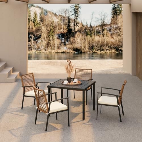 LAUSAINT HOME 5 Pieces Outdoor Patio Dining Set, Wicker Patio Furniture Set of 4 Chairs with Soft Cushion and Square Table with Umbrella Hole, Conversation Set for Backyard, Garden and Poolside - color: Pe Rattan Black Standard Chairs, size: 5-Piece
