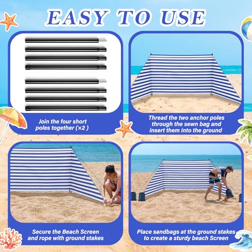 Tigeen 15 x 4.6 ft Beach Wind Screen Set Wind Blocker Sunbathing Privacy Screen Stripe with with 2 Metal Pole Ground Stake Carry Bag Portable Beach Windscreen for Summer Sand Outdoor Protection Sport