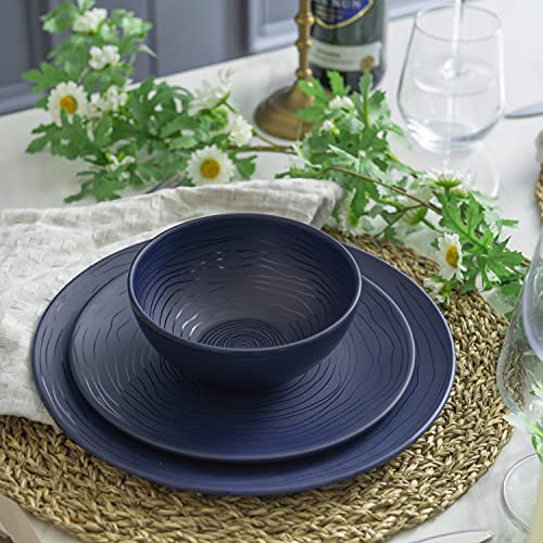 Bzyoo 12 Piece Melamine Dinnerware Set - Durable, Dishwasher Safe, Organica Navy Blue Plates and Bowls Sets Casual Dish Set for Dining, Outdoor and Kitchen - color: French Navy Blue