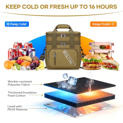 RealCool Lunch Bag, Insulated Lunch Box for Men Women, Double Deck Leakproof Soft Cooler Bag with Adjustable Strap, Reusable Lunchbox for Work, Travel, Camping (Khaki) - color: Khaki