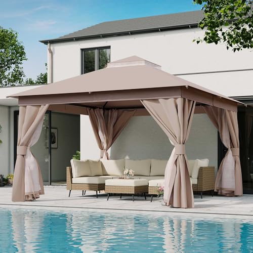 LAUSAINT HOME 12'x12' Outdoor Gazebo, Metal Frame Heavy Duty Patio Canopy Tent Shelter with Double Roofs, Mosquito Nettings and Privacy Screens for Backyard, Garden, Lawn, Khaki - color: Khaki, size: 12'x12'