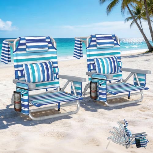 5-Position Backpack Beach Chair for Adults with Lumbar, Foldable Tall Heavy-Duty Beach Chairs with Cooler Bag,Cup Holder,Towel Rack for Beach, Camping, Outdoor (2, Blue&White) - color: Blue&white, size: 2 pack