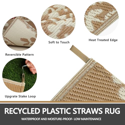 Capslpad Outdoor Rug 9x12 Patio Waterproof Boho Floral Plastic Straw Rug Large Foldable Vintage Outside Carpet with Carry Bag for RV Backyard Balcony Bench Picnic Porch, Beige - color: Light Beige, size: 9' x 12' (Rectangular)