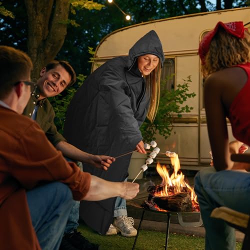 Large Outdoor Waterproof Blanket Extra Thick Fleece Stadium Blanket for Camping, Car, Pet, Picnics - Windproof, Wearable, Machine Washable 80" x 58" (Black Gray,Hooded) - color: Hooded-black Gray