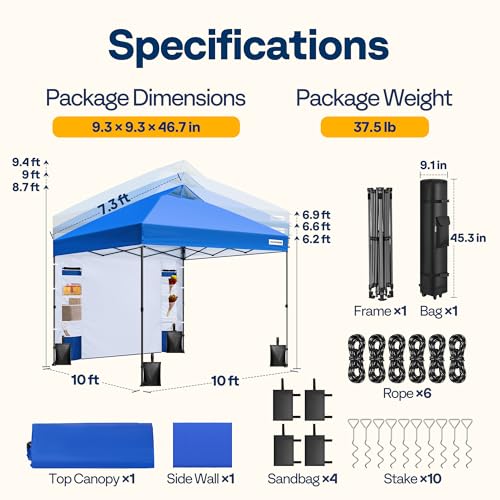VIVOHOME 10x10ft Pop Up Canopy Tent with Sidewall and 6 Pockets, One Push Setup Outdoor Portable Shelter Tent Heavy Duty with Wheel Carry Bag and 4 Sandbags, Blue - color: Blue