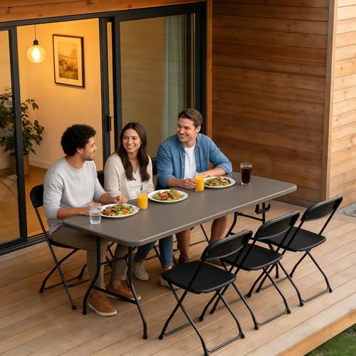Folding Table 6ft - Heavy Duty Plastic Table with Handle, Foldable & Portable, Fold-in-Half Utility Tables for Outdoor, Dining, Wedding, Events, Indoor, Picnic, Camping, Party (Khaki) - color: Khaki, size: 6ft