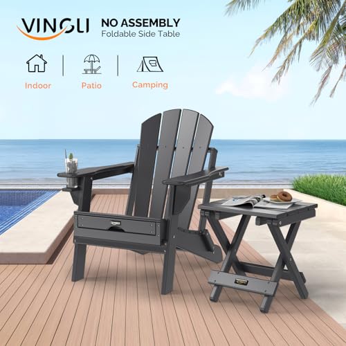 VINGLI Small HDPE Folding Side Table, Plastic Waterproof Portable Adirondack Coffee End Tables, All Weather for Patio, Backyard, Pool, Indoor Use, Slats Style, Black