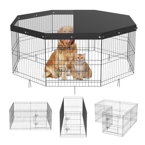 VEVOR Foldable Metal Dog Exercise Pen, Pet Puppy Playpen Yard Fence with Top Cover & Door, Indoor Outdoor 8 Panels 24" W x 24" H Dogs Crate Kennel with Ground Stakes for Small & Medium Dogs - size: 8 panels 24*24in, style: Playpen + Top Cover