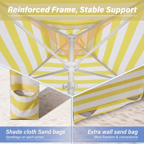 Beach Cabana-6.6x6.6’Beach Canopy with Side Wall,Portable Umbrella Tent with Sand Pockets for Family & Friends,Easy Up Beach Sun Shelter for Outdoor Patios,Backyards,and Camping,Yellow Stripes