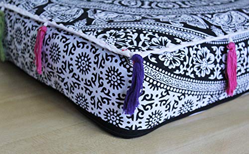 ICC Large Square Cotton Mandala Cushion Cover Hippie Ottoman Pouf Cover Daybed Floor Pillow Cover with Heavy Duty Zipper Seating Ottoman Poufs Dog-Pets Bed (Black & White Flower, 18" Square) - color: Black & White Flower, size: 18" x 18" (Pack of 1)
