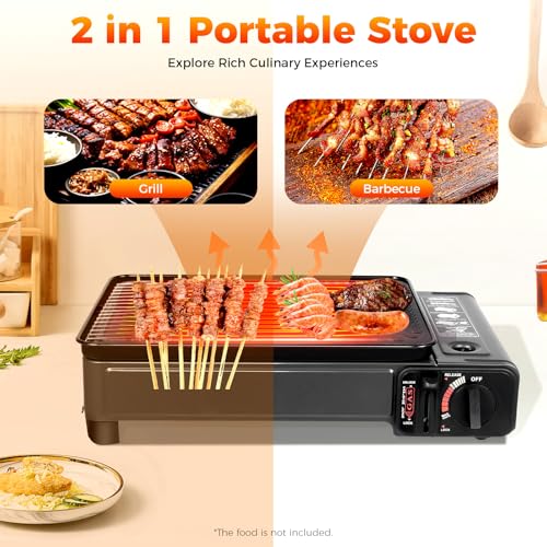 Portable Gas Grill Butane Stove, Camping Stoves with Grilling Net & Carry Case, Tabletop BBQ Grill Butane Camping Stove, Outdoor Gas Stove for Camping, Travel, Trekking