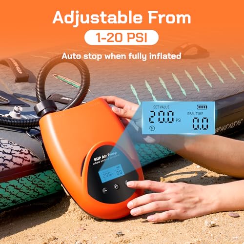 Tonsim Rechargeable Paddle Board Electric Pump, 20 PSI SUP Pump with 4 Preset Modes, Dual-Stage Inflation & Deflation, 12V DC Car Connector, Auto Shut-Off for Paddle Boards, Kayaks and Tents - color: Orange