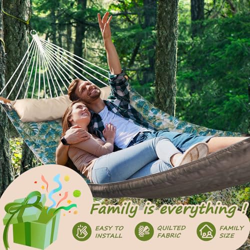 Double Hammock, 11 FT Quilted Fabric 2 Person Hammock for Outside with Pillow, Folding Curved Spreader Bar, Chains, Carrying Bag, Indoor Outdoor, 450 IB Capacity, BlueLeaves - color: Blueleaves