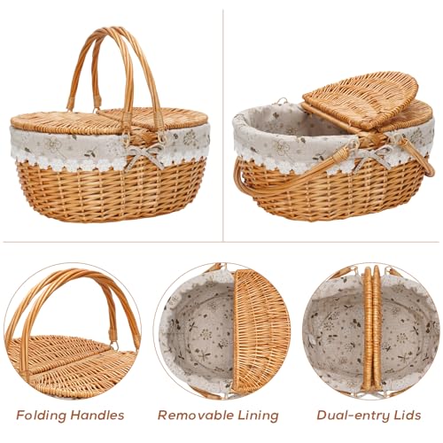 15" Wicker Picnic Baskets with Removable Liner, Empty Picnic Basket with Lid, Picnic Hamper with Folding Woven Handles for Picnic, Camping, Outdoor, Halloween, Thanks Giving - WhiteKapok - color: White Kapok