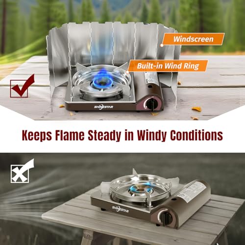 SHINESTAR 14000 BTU Butane Camping Stove, Portable Butane Stove with Brass Burner, One-Touch Piezo Ignition, Magnetic Safety Lock & Double Wind-Guard, Portable Gas Stove for Camping, RV, Emergencies - color: Brown - 14000 BTU Butane with Windscreen