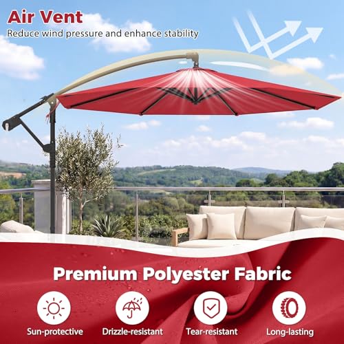 Tangkula 10ft Patio Umbrella with Base Included, Offset Cantilever Outdoor Umbrella with 360 Degree Rotation, Crank Handle, Sun-Protective Canopy for Pool Deck Garden Backyard (Red) - color: Red, size: 10 FT
