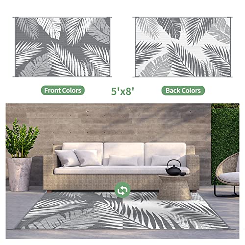 GENIMO Outdoor Rug 5' x 8' Waterproof for Patios Clearance, Reversible Plastic Straw Camping Carpet, Large Area Rugs Mats for RV, Picnic, Backyard, Deck, Balcony, Porch, Beach, Grey&White - color: Grey & White | Waterproof, size: 5' x 8' (Rectangular)